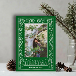 Tarjeta Festiva Con Relieve Metalizado Stylish Greenery Christmas Photo Silver