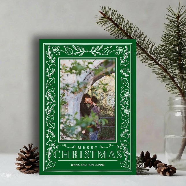 Tarjeta Festiva Con Relieve Metalizado Stylish Greenery Christmas Photo Silver (Stylish REAL SILVER FOIL winter foliage border on green photo Christmas holiday cards)