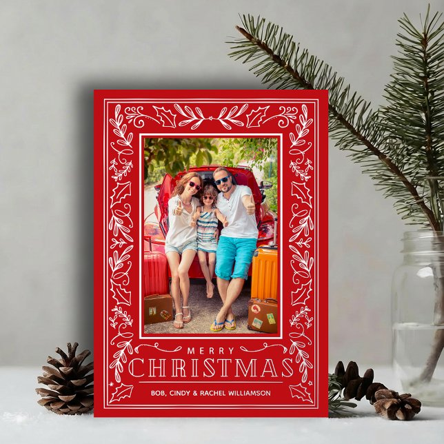 Tarjeta Festiva Con Relieve Metalizado Stylish Greenery Christmas Photo Silver (Stylish REAL SILVER FOIL winter foliage border on red photo Christmas holiday cards)