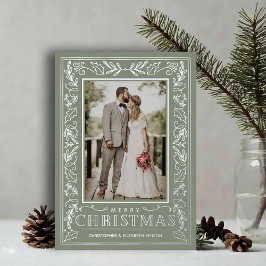 Tarjeta Festiva Con Relieve Metalizado Stylish Greenery Christmas Photo Silver