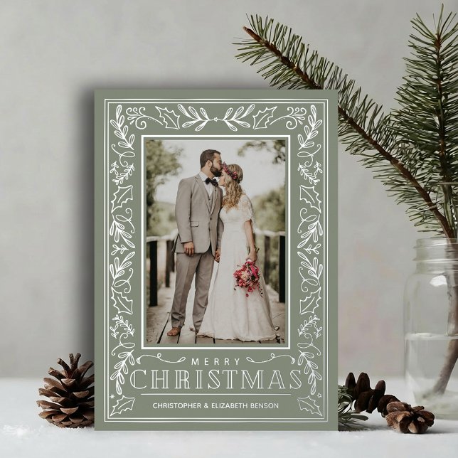 Tarjeta Festiva Con Relieve Metalizado Stylish Greenery Christmas Photo Silver (Stylish REAL SILVER FOIL winter foliage border on sage green photo Christmas holiday cards)
