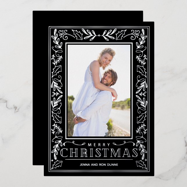 Tarjeta Festiva Con Relieve Metalizado Stylish Greenery Christmas Photo Silver (Anverso/Reverso)