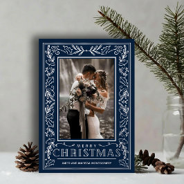 Tarjeta Festiva Con Relieve Metalizado Stylish Greenery on Blue Christmas Photo Silver
