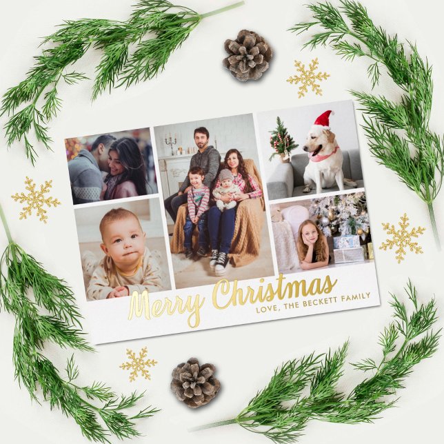 Tarjeta Festiva Con Relieve Metalizado Stylish Merry Christmas 5 Photo Collage Real (Subido por el creador)