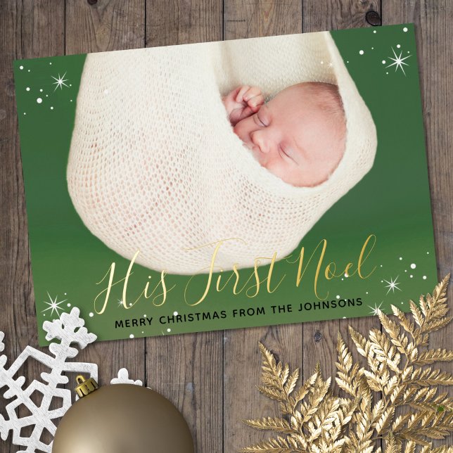 Tarjeta Festiva Con Relieve Metalizado Su primer Noel El primer Navidad del bebé Foto (His First Noel Baby's First Christmas Photo Card with Foil)