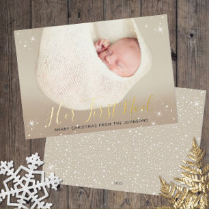 Tarjeta Festiva Con Relieve Metalizado Su primera foto navideña de Noel Baby