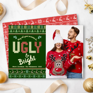 Tarjeta Festiva Con Relieve Metalizado Suéter verde feo Navidad Foto Cursi Oro Real