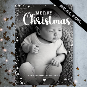 Tarjeta Festiva Con Relieve Metalizado Superposición de foto en blanco y negro plateada