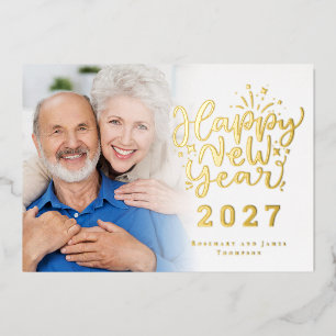 Tarjeta Festiva Con Relieve Metalizado Superposición de foto Feliz Año Nuevo 2027 Luxury 