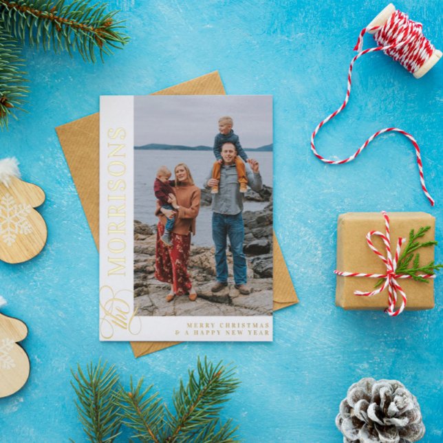 Tarjeta Festiva Con Relieve Metalizado Swirly Family Name Merry Christmas Gold (Subido por el creador)