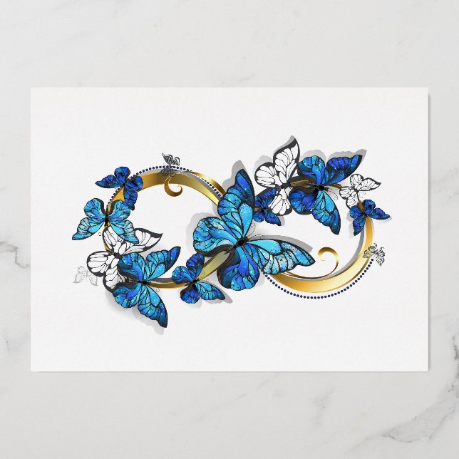 Tarjeta Festiva Con Relieve Metalizado Symbol Infinity of Blue Morpho Butterflies (Anverso)