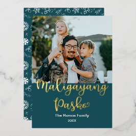 Tarjeta Festiva Con Relieve Metalizado Tagalog Maligayang Pasko, Feliz Navidad