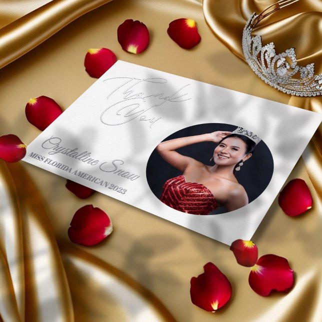 Tarjeta Festiva Con Relieve Metalizado Tarjeta de agradecimiento de Relieve metalizado de (This elegant thank you card for pageants features your choice of foil color, custom photo and text)