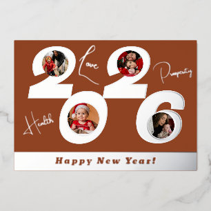 Tarjeta Festiva Con Relieve Metalizado tarjeta de año nuevo 2026 con 4 fotos en papel de 