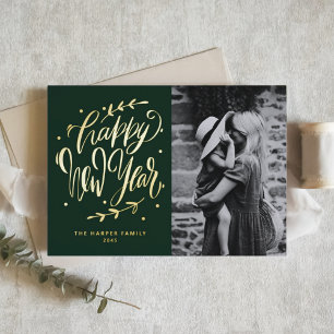 Tarjeta Festiva Con Relieve Metalizado Tarjeta de Año Nuevo con Caligrafía Moderna y Coro