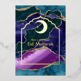 Tarjeta Festiva Con Relieve Metalizado Tarjeta de Eid Mubarak Galaxy y oro con lámina de 