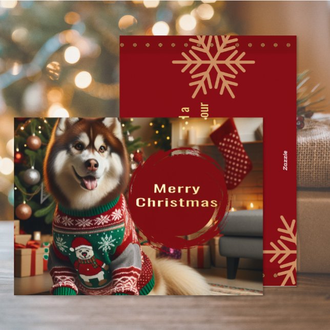 Tarjeta Festiva Con Relieve Metalizado Tarjeta de felicitación para el Relieve metalizado (The front and back of the Siberian Husky Christmas Holiday foil card)