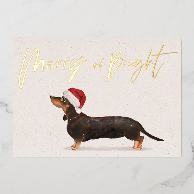 Tarjeta Festiva Con Relieve Metalizado Tarjeta de Feliz Navidad con Perrito Dachshund (Anverso)