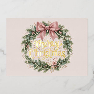 Tarjeta Festiva Con Relieve Metalizado Tarjeta de Foto de Corona de Navidad con Lazo Rosa