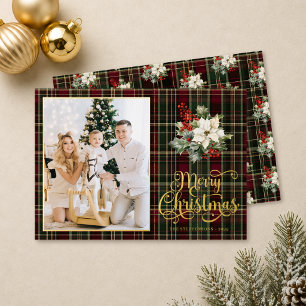 Tarjeta Festiva Con Relieve Metalizado Tarjeta de Foto de Nochebuena con Plaid y Flor de 