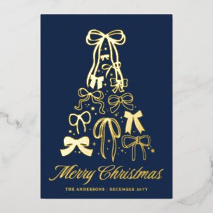 Tarjeta Festiva Con Relieve Metalizado Tarjeta de Navidad con árbol de lazos en azul y pa