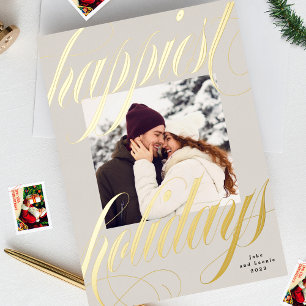Tarjeta Festiva Con Relieve Metalizado tarjeta de Navidad con caligrafía más feliz en bei