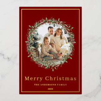 Tarjeta Festiva Con Relieve Metalizado Tarjeta de Navidad con corona de Navidad foto roja