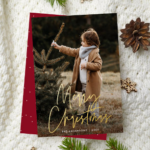 Tarjeta Festiva Con Relieve Metalizado Tarjeta de Navidad con Foto Burgundy de Letra Manu
