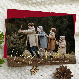 Tarjeta Festiva Con Relieve Metalizado Tarjeta de Navidad con Foto Burgundy Escrita a Man