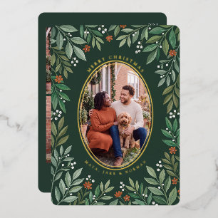 Tarjeta Festiva Con Relieve Metalizado Tarjeta de Navidad con Foto en Marco Oval Botánico