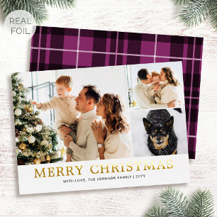 Tarjeta Festiva Con Relieve Metalizado Tarjeta de Navidad con Foto Familiar de Plaid Rosa