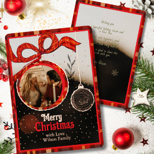 Tarjeta Festiva Con Relieve Metalizado Tarjeta de Navidad con foto única de lazo rojo a c
