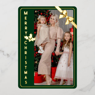 Tarjeta Festiva Con Relieve Metalizado Tarjeta de Navidad dorada y verde con foto familia