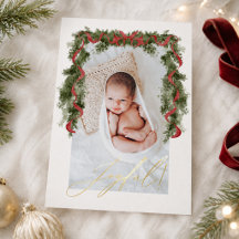 Tarjeta de Navidad elegante con bebé en hoja dorad