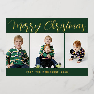 Tarjeta Festiva Con Relieve Metalizado Tarjeta de Navidad elegante verde con lámina dorad