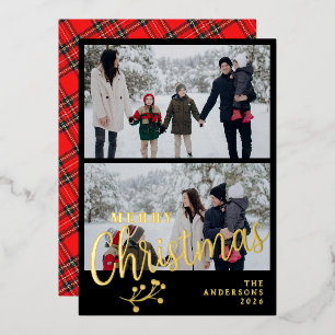 Tarjeta Festiva Con Relieve Metalizado Tarjeta de Navidad Familiar con Cuadro Escocés Ele
