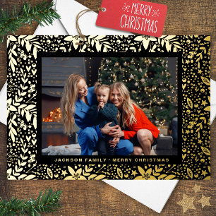 Tarjeta Festiva Con Relieve Metalizado Tarjeta de Navidad fotográfica con marco botánico 