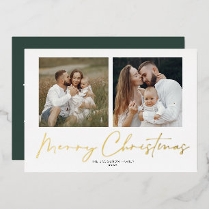 Tarjeta Festiva Con Relieve Metalizado Tarjeta de Navidad moderna manuscrita con 2 fotos