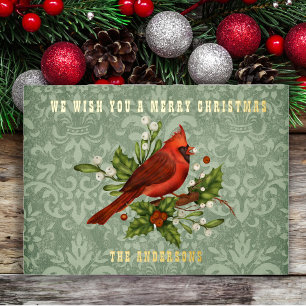 Tarjeta Festiva Con Relieve Metalizado Tarjeta de Navidad Roja Vintage Cardenal con Hojal