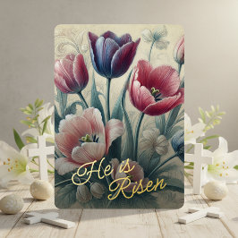 Tarjeta Festiva Con Relieve Metalizado Tarjeta de oro con tulipanes He Is Risen