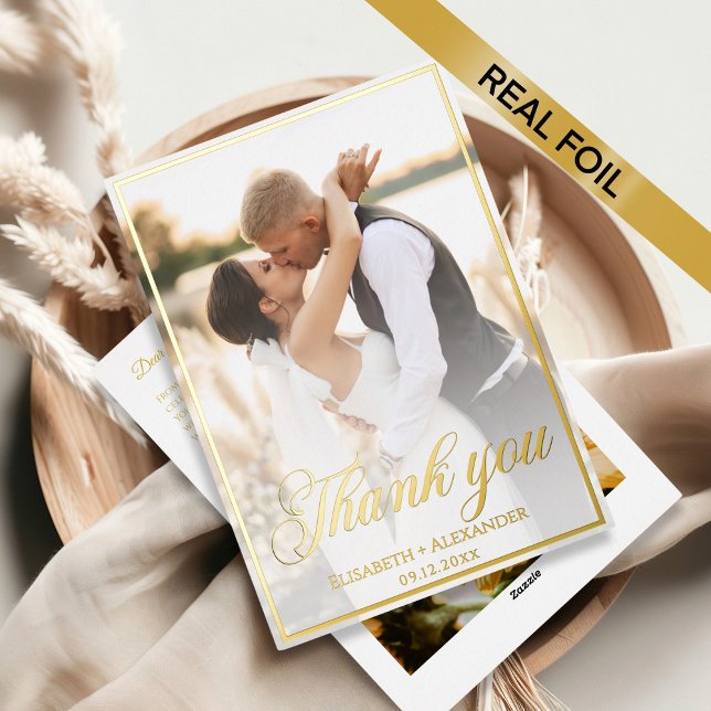 Tarjeta Festiva Con Relieve Metalizado Tarjeta de Relieve metalizado de agradecimiento a  (Wedding Phote Script Foil Thank You Card)
