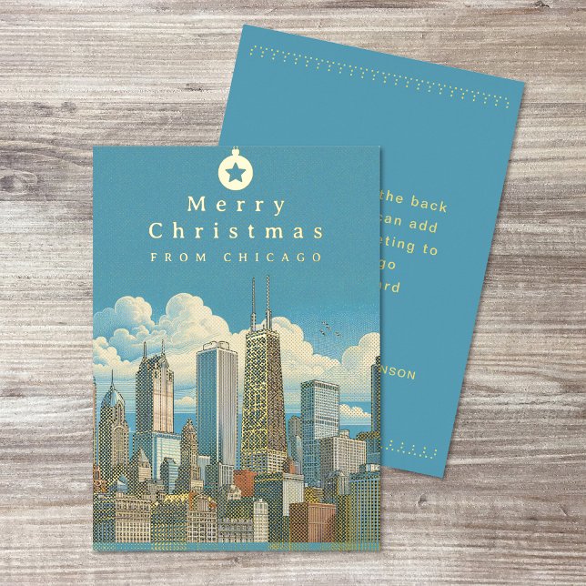 Tarjeta Festiva Con Relieve Metalizado Tarjeta de Relieve metalizado navideño navideño Me (Merry Christmas Chicago Skyline Holiday Foil Card (front and back))