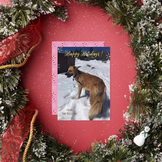 Tarjeta Festiva Con Relieve Metalizado Tarjeta de vacaciones con foto de perro vertical d (in situ)