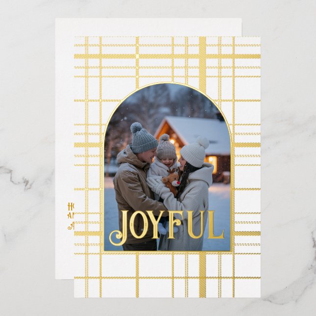 Tarjeta Festiva Con Relieve Metalizado Tarjeta de vacaciones de Navidad con gingham dorad (Anverso/Reverso)