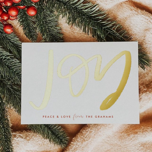 Tarjeta Festiva Con Relieve Metalizado Tarjeta de vacaciones de Relieve metalizado dorado (Hand-Lettered Joy gold foiled on a chic white holiday card)