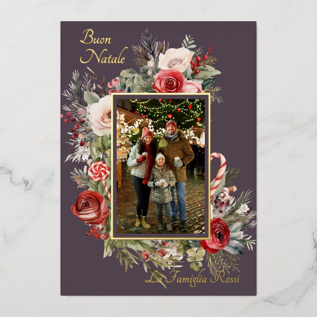 Tarjeta Festiva Con Relieve Metalizado Tarjeta de vacaciones de Relieve metalizado floral (Anverso)