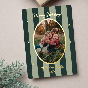 Tarjeta Festiva Con Relieve Metalizado Tarjeta de vacaciones fotográfica con rayas verdes