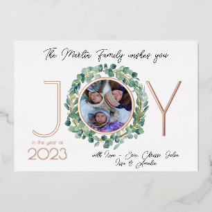 Tarjeta Festiva Con Relieve Metalizado Tarjeta de vacaciones JOY con lámina y foto & coro