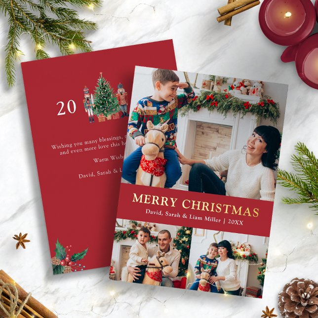 Tarjeta Festiva Con Relieve Metalizado Tarjeta navideña de Relieve metalizado fotográfico (Holiday Red Nutcracker 2025 Gold Foil Photo Christmas Card by Painted Paperie
)