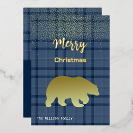 Tarjeta Festiva Con Relieve Metalizado Tartan Azul de Navidad y Oso Dorado